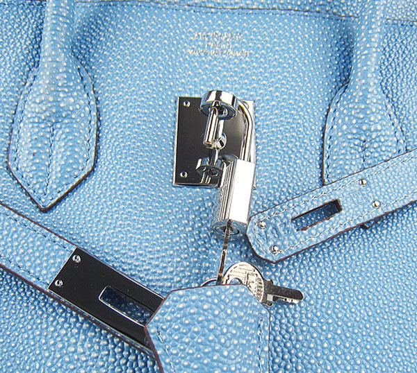 High Quality Fake Hermes Birkin 35CM Pearl Veins Leather Bag Light Blue 6089 - Click Image to Close